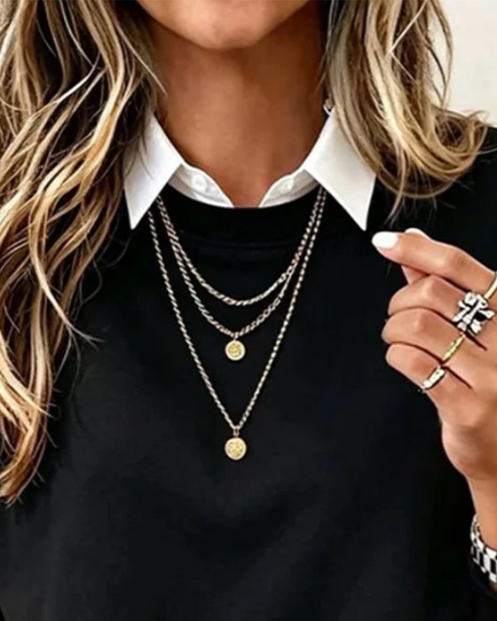 Faux Two-Piece Patchwork Collared Sweatshirt