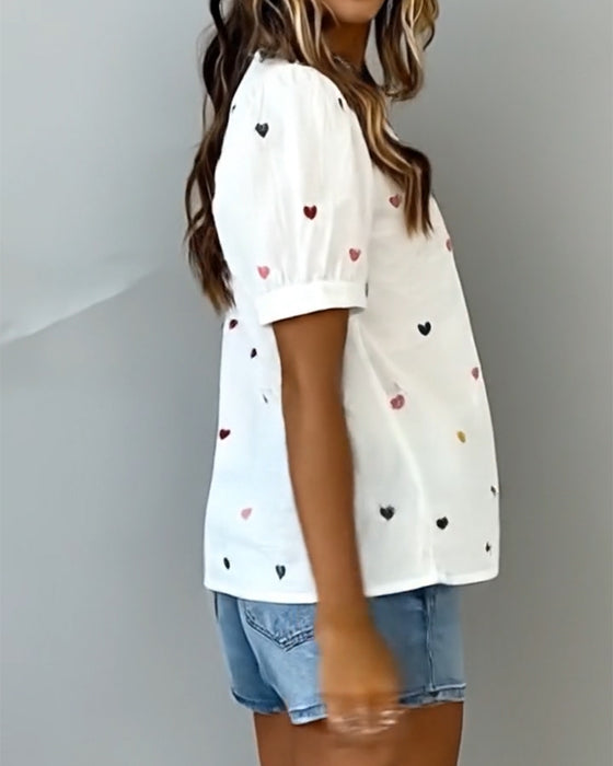 Heart Short Sleeve V-Neck Top