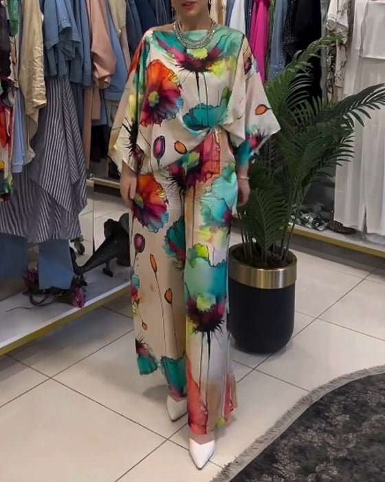 Lotus print one-shoulder three-quarter sleeve set