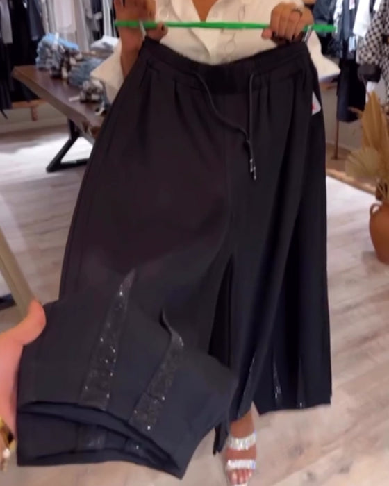 Casual solid color drawstring sequin patchwork pants