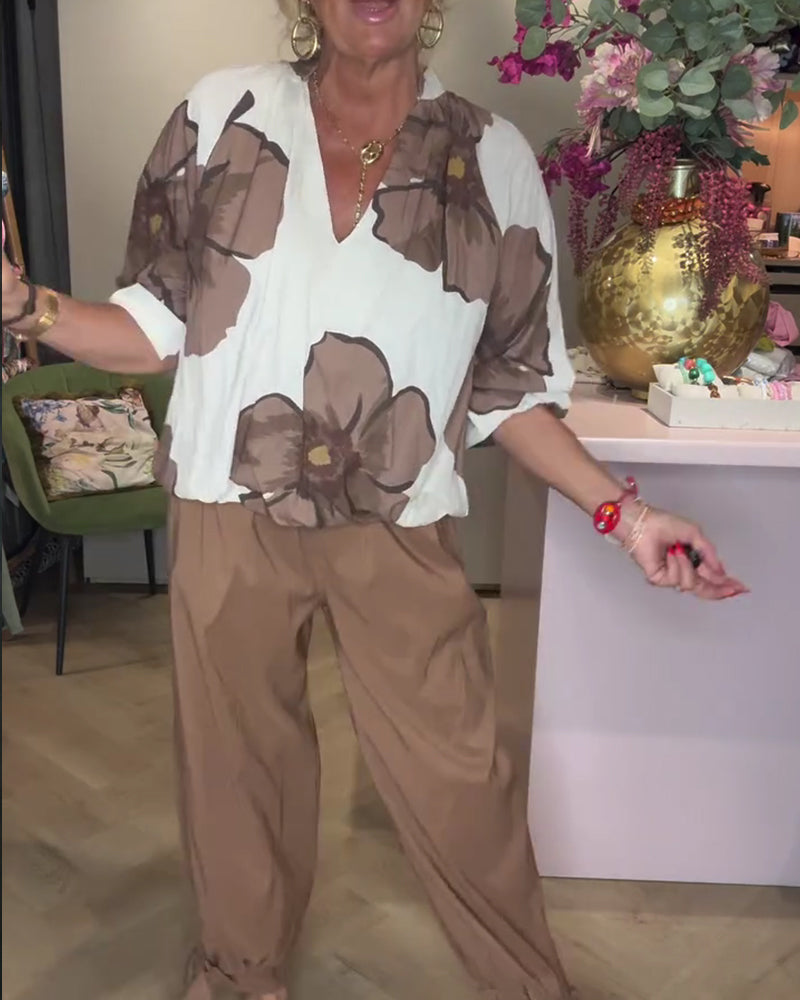 V-Neck Floral Mid-Length Sleeve Relaxed Blouse