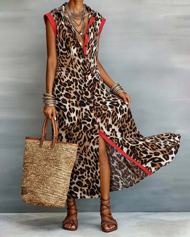 Lapel Leopard Print Contrast Maxi Dress