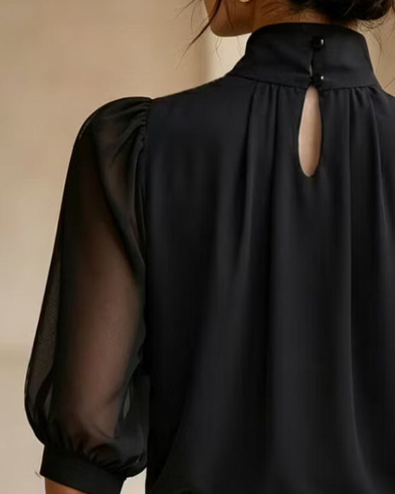 High Neck Puff Elbow-Length Sleeve Chiffon Blouse