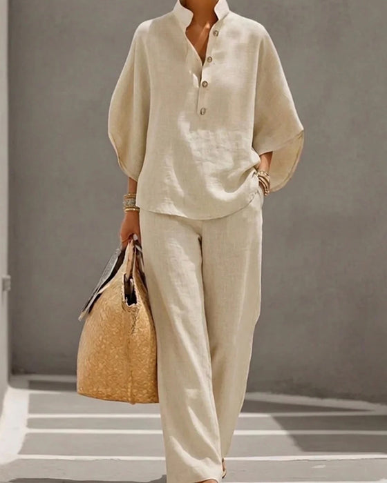 Stand Collar Batwing Sleeve Wide-Leg Pants Set