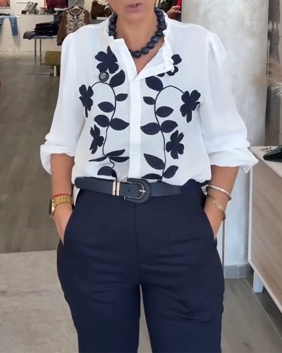 Stylish Floral Print Ruffle Blouse
