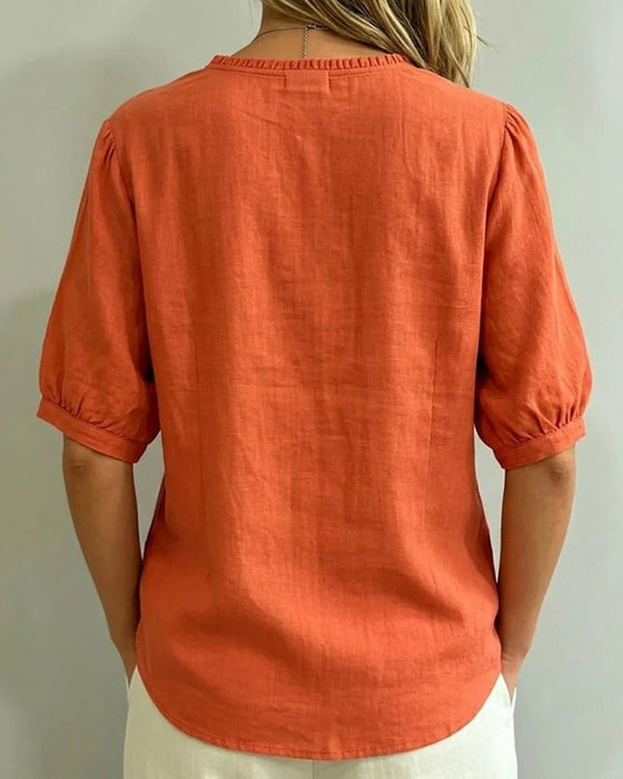 Ruffle Trim Button Pocket Blouse