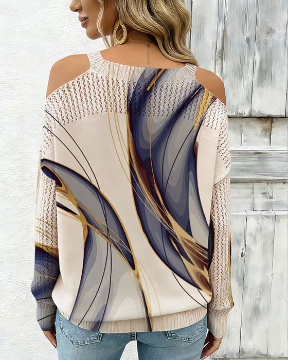 Stylish Print Hollow Out Off-Shoulder Pullover
