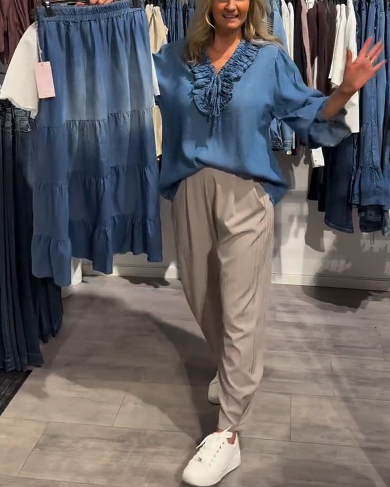 Ruffle Trim Tie-Up Denim Blouse