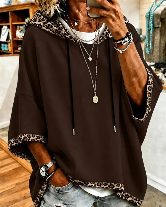 Leopard Print Patchwork Hooded 3/4 Sleeve Hoodie