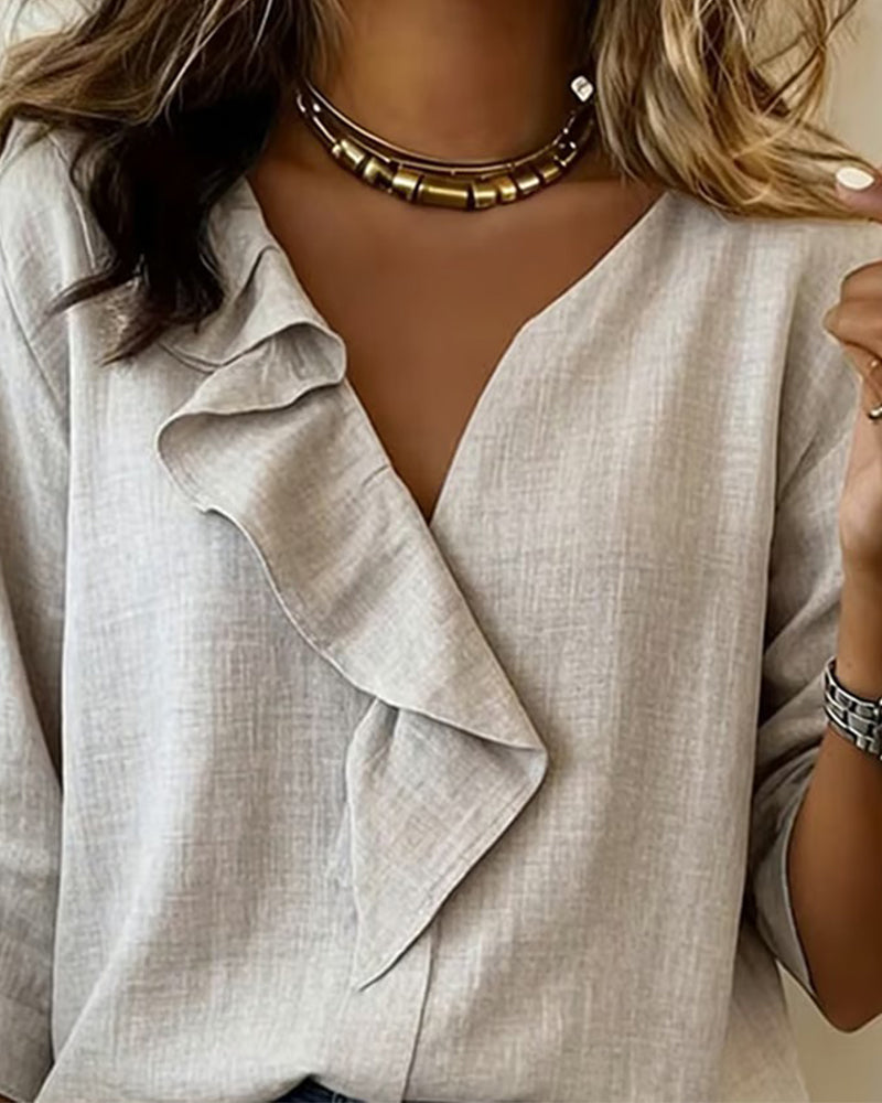 Ruffled Solid-Color Long-Sleeved Blouse