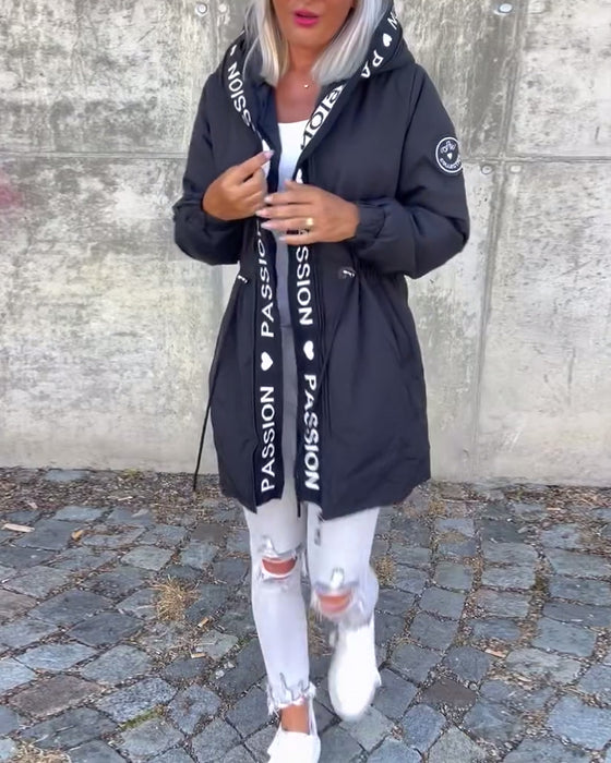 Casual letter print drawstring hooded coat