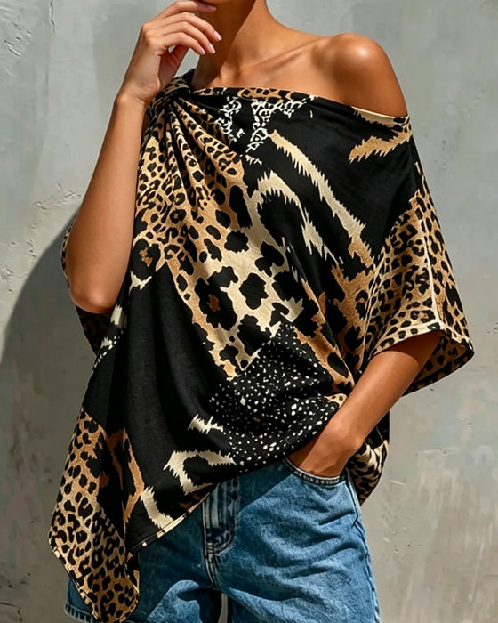 Leopard Print Patchwork One Shoulder Blouse