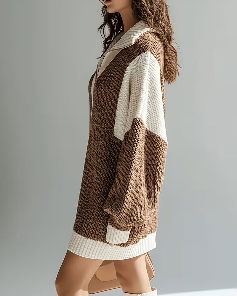 Lapel Zipper Contrast Sweater Dress