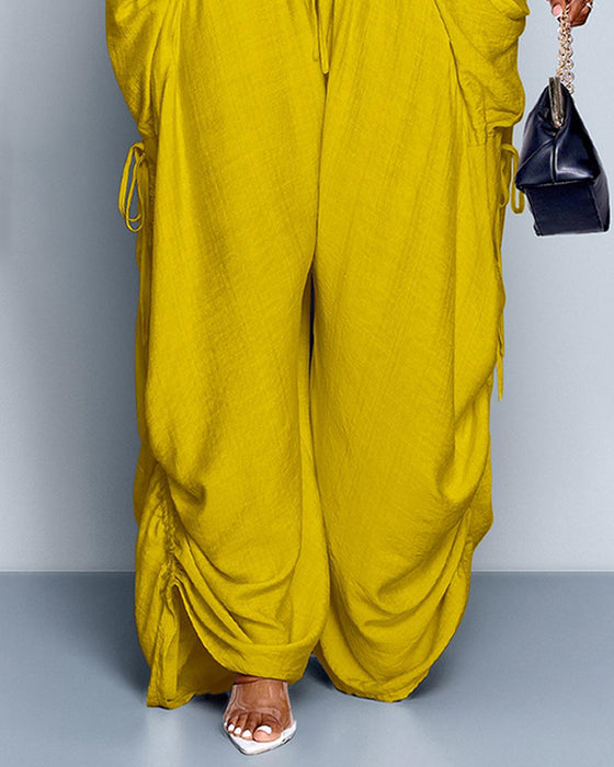 Solid Color Pleated High-Waist Wide-Leg Pants