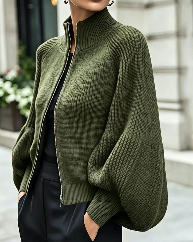 Stand-Collar Zipper Lantern Sleeve Coat