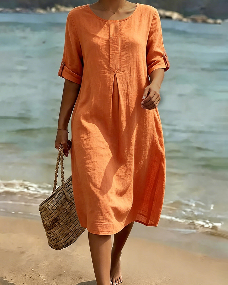 Relaxed Solid Round Neck Mid-Length Dress