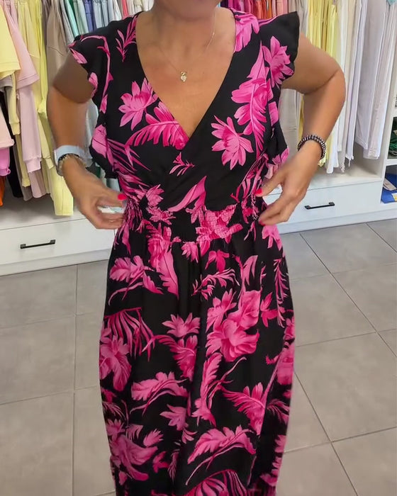 Tropical Floral V-Neck Fitted Waist Long Dress