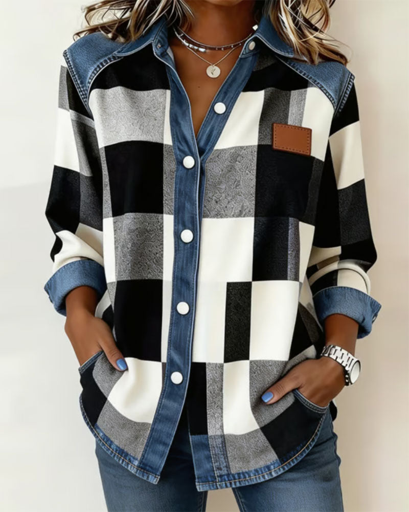 Plaid Color Block Denim Patchwork Shirt