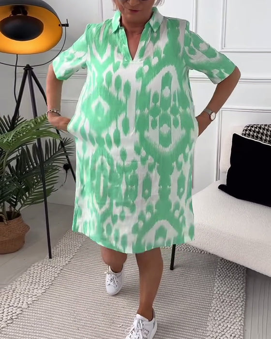 Lapel short sleeve printed dress