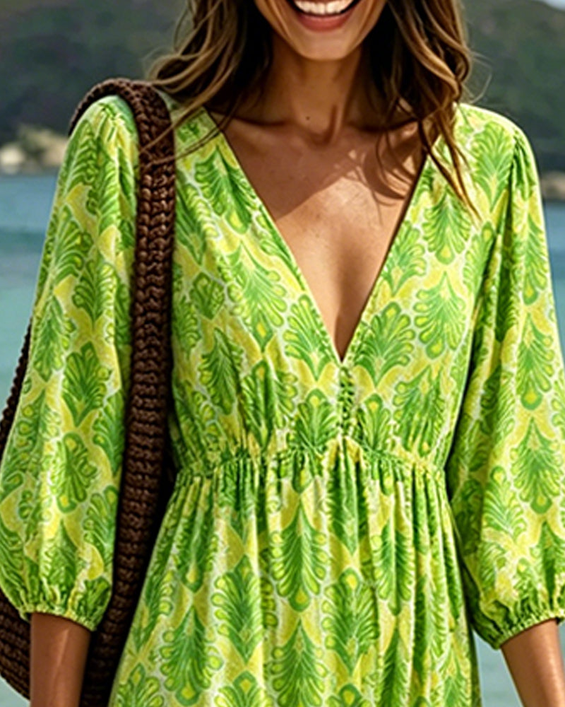 Color Block Vintage Leaf Pattern Dress