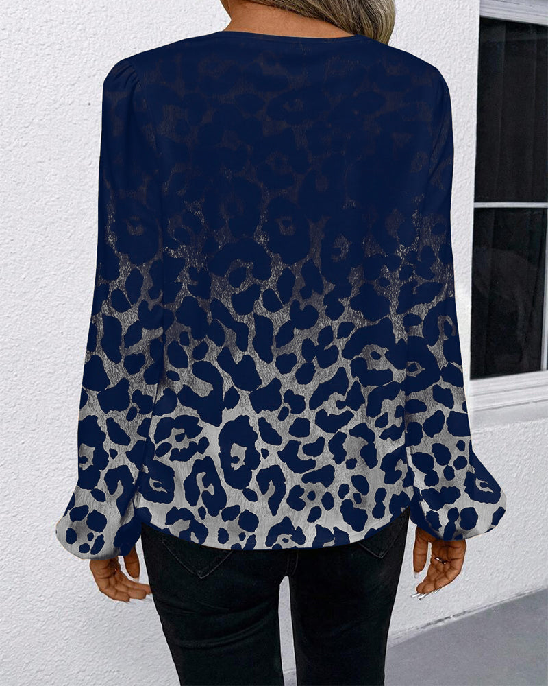 Puff-Sleeved Gradient Leopard Print Shirt