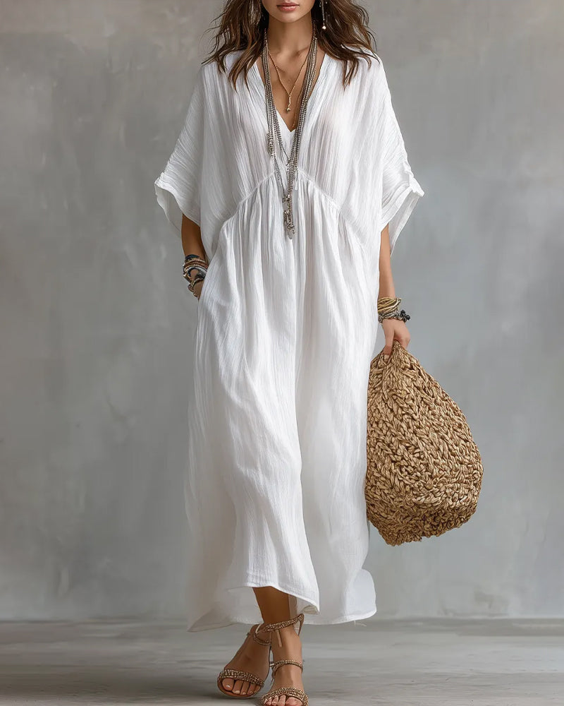 V-Neck Batwing Sleeve Flared Dress