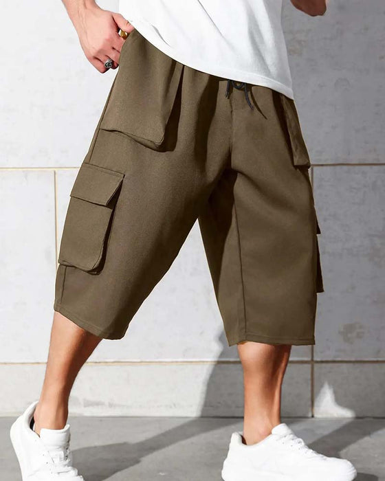 Elastic Waist Pocket Solid Color Cargo Pants