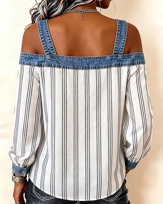 Denim Off-Shoulder Stripe Panel Blouse