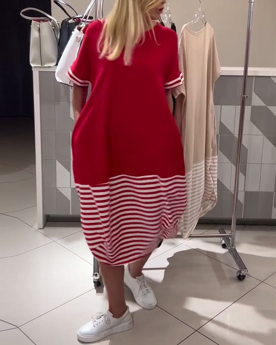 Contrast Stripe Short Sleeve Casual Dress