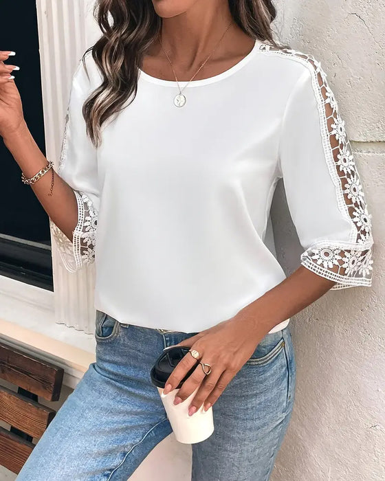 Solid Color Hollow Hook Patchwork T-Shirt