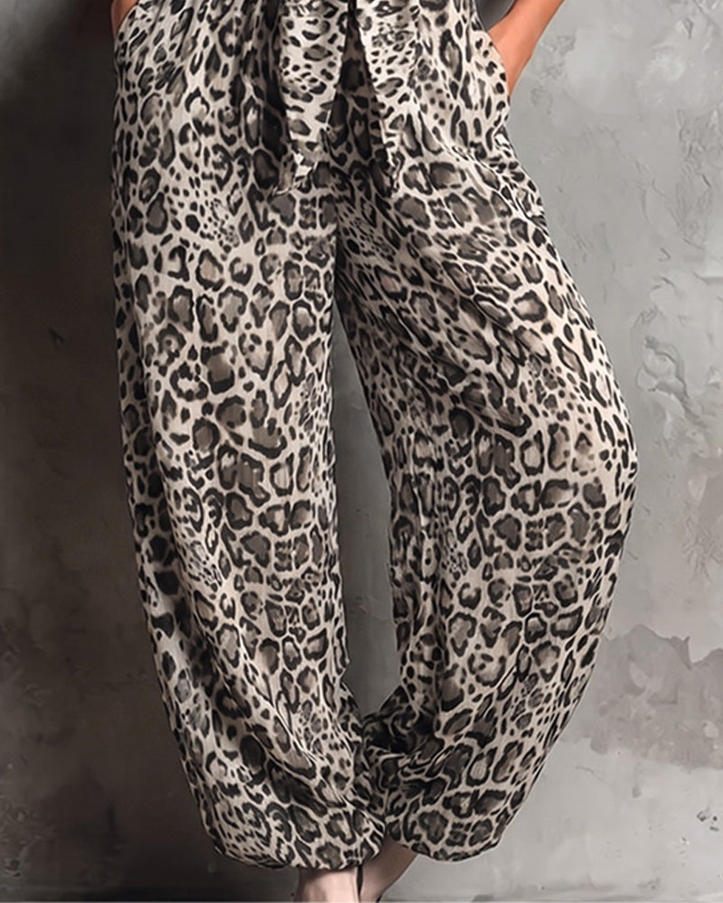 Leopard Print Suspender Wide Leg Jumpsuit