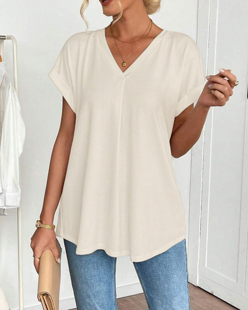 Short-Sleeved Solid Color Patchwork T-Shirt