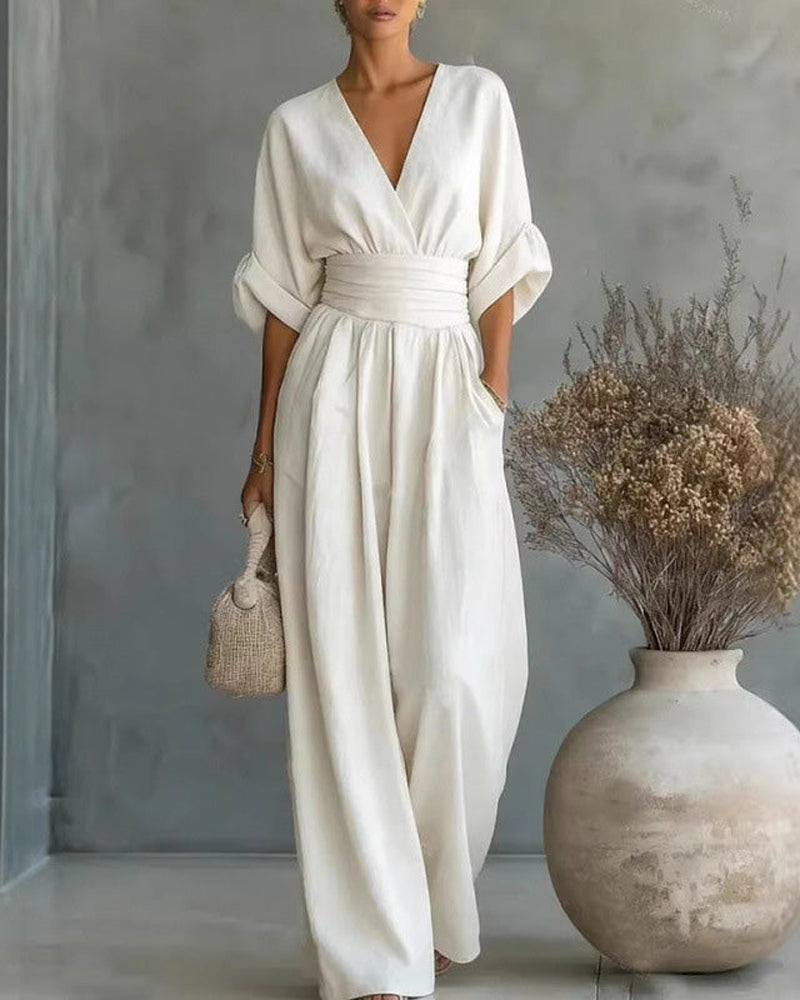 V-Neck Cross Waist-Cinching Wide Leg Jumpsuit