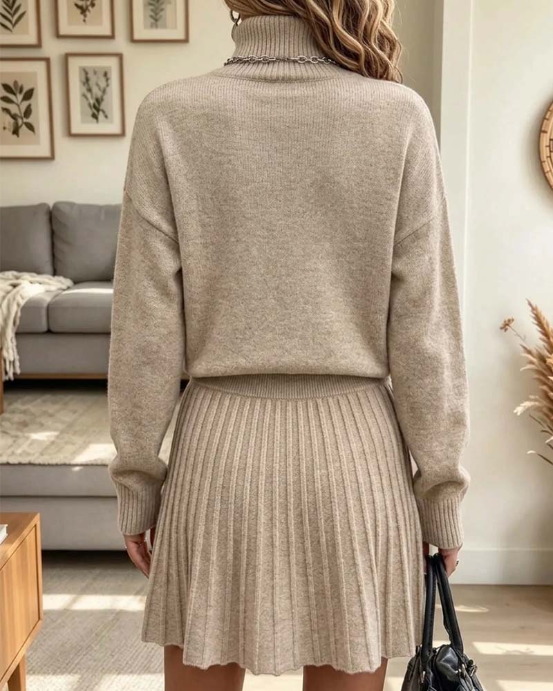 High Collar Pullover Long Sleeve Pleated Skirt Set