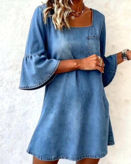 Square Neck Flared Three Quarter Sleeve Dress