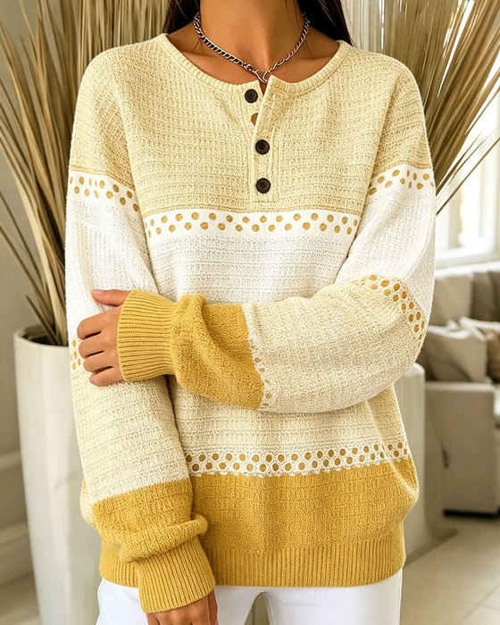 Color Block Waffle Knit Henley Pullover Sweatshirt