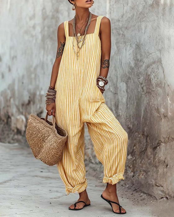Wide Strap Striped Overalls Jumpsuit