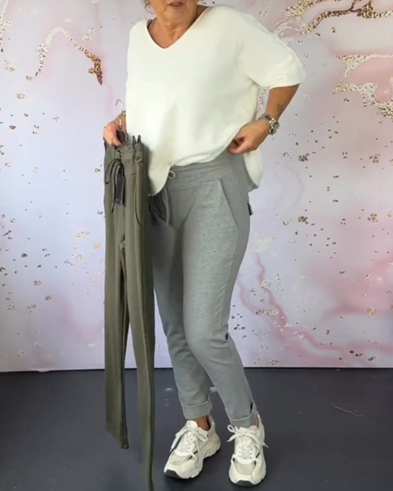 Casual solid color pocket drawstring pants