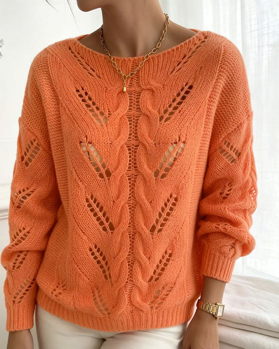 Crew Neck Drop Shoulder Cutout Solid Knit Pullover