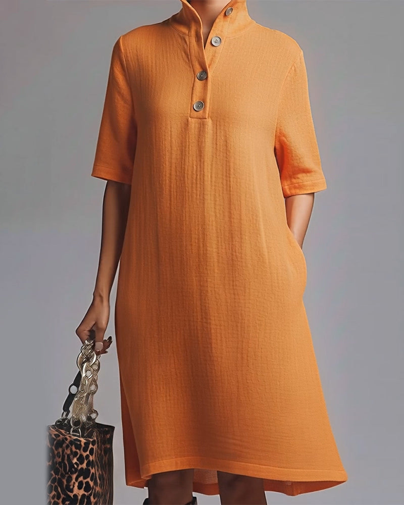 Solid Color Stand-Collar Short-Sleeved Dress