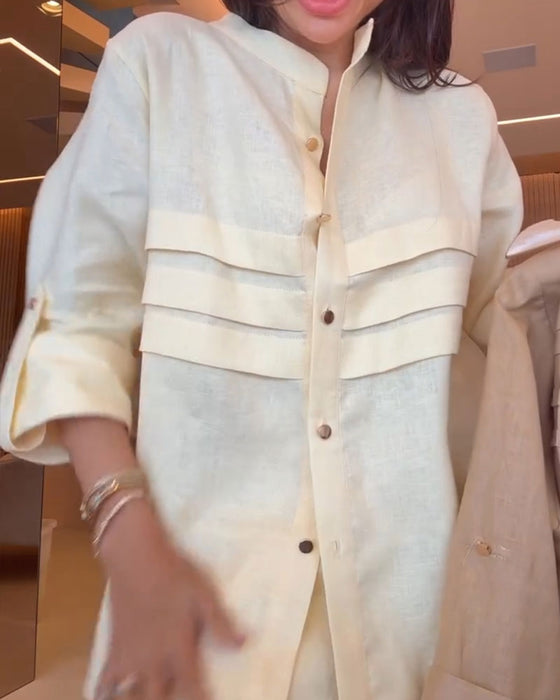 Mandarin Collar Shirred Button Blouse