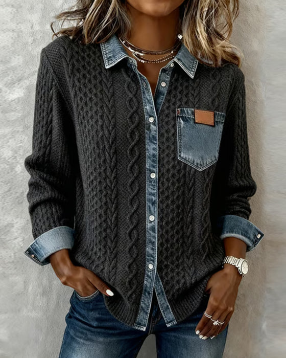 Long-Sleeved Denim Patchwork Shirt
