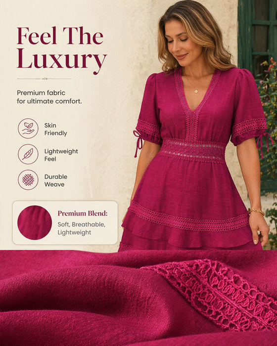 V-Neck Tiered Solid Lace Patchwork Dress