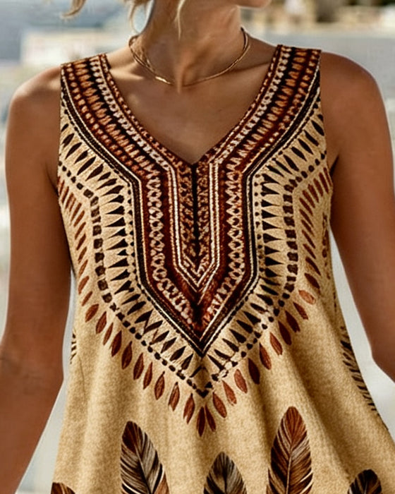 V-Neck Sleeveless Ethnic Print Dress