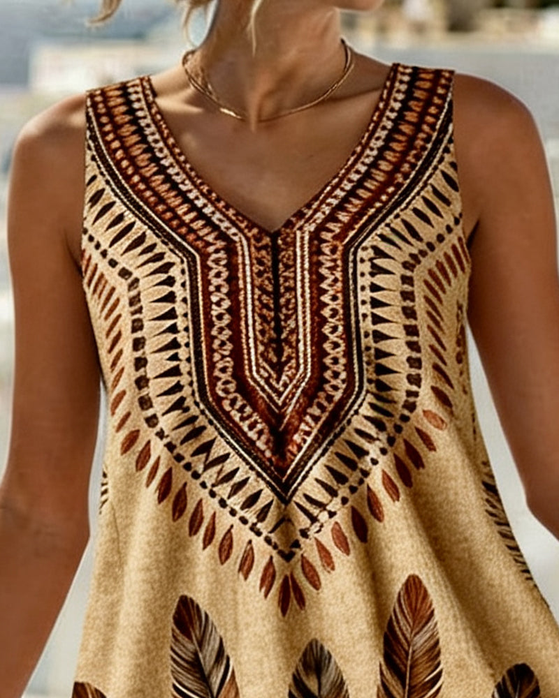 V-Neck Sleeveless Ethnic Print Dress