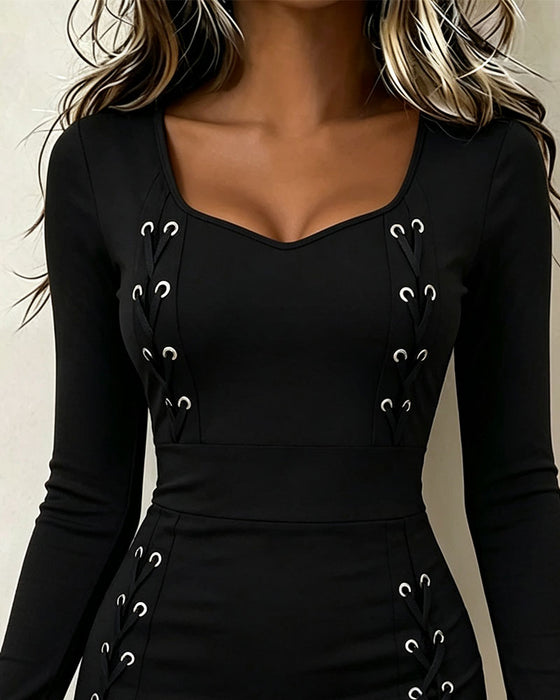 Square Neck Tie Long Sleeve Dress