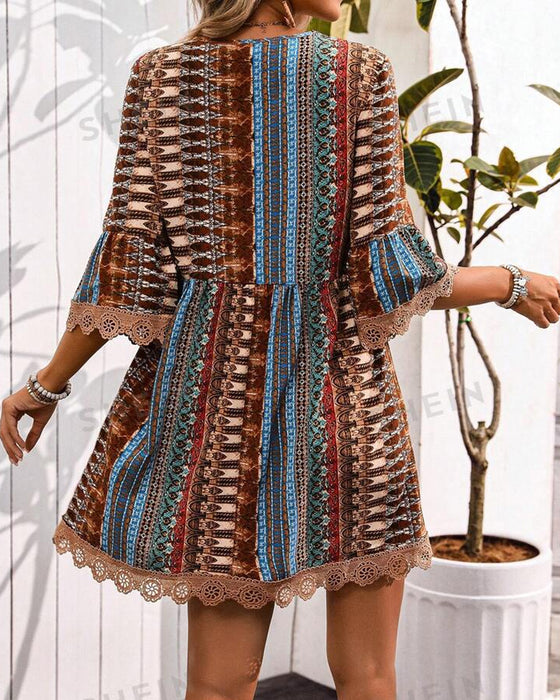 V-Neck Lace Three-Quarter Sleeve Dress