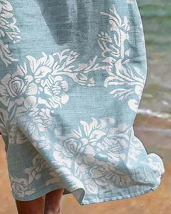Ruffle Three-Button Print A-Line Dress