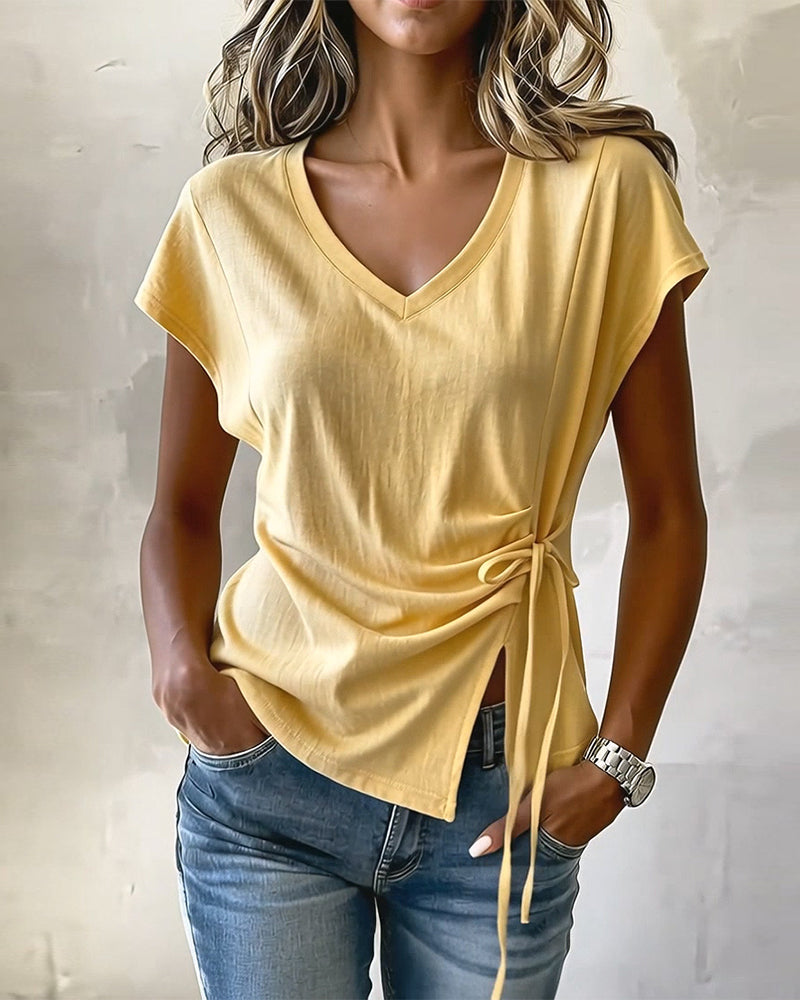 Side Drawstring V-Neck Solid Color T-Shirt