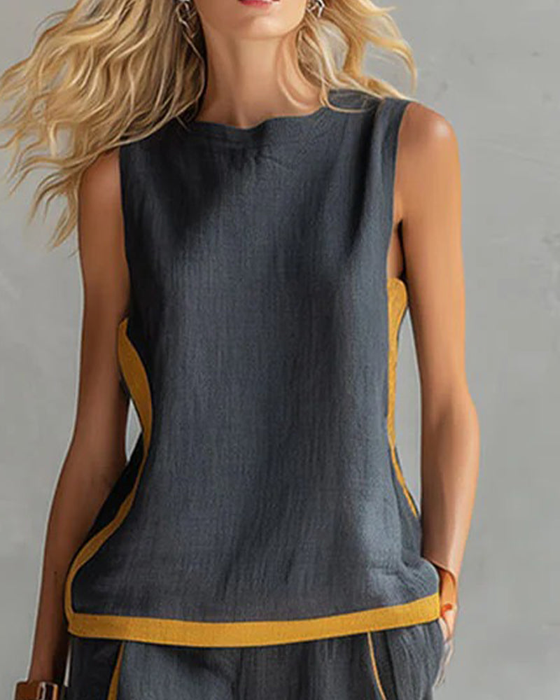 Sleeveless Casual Color-Blocked Two-Piece Set